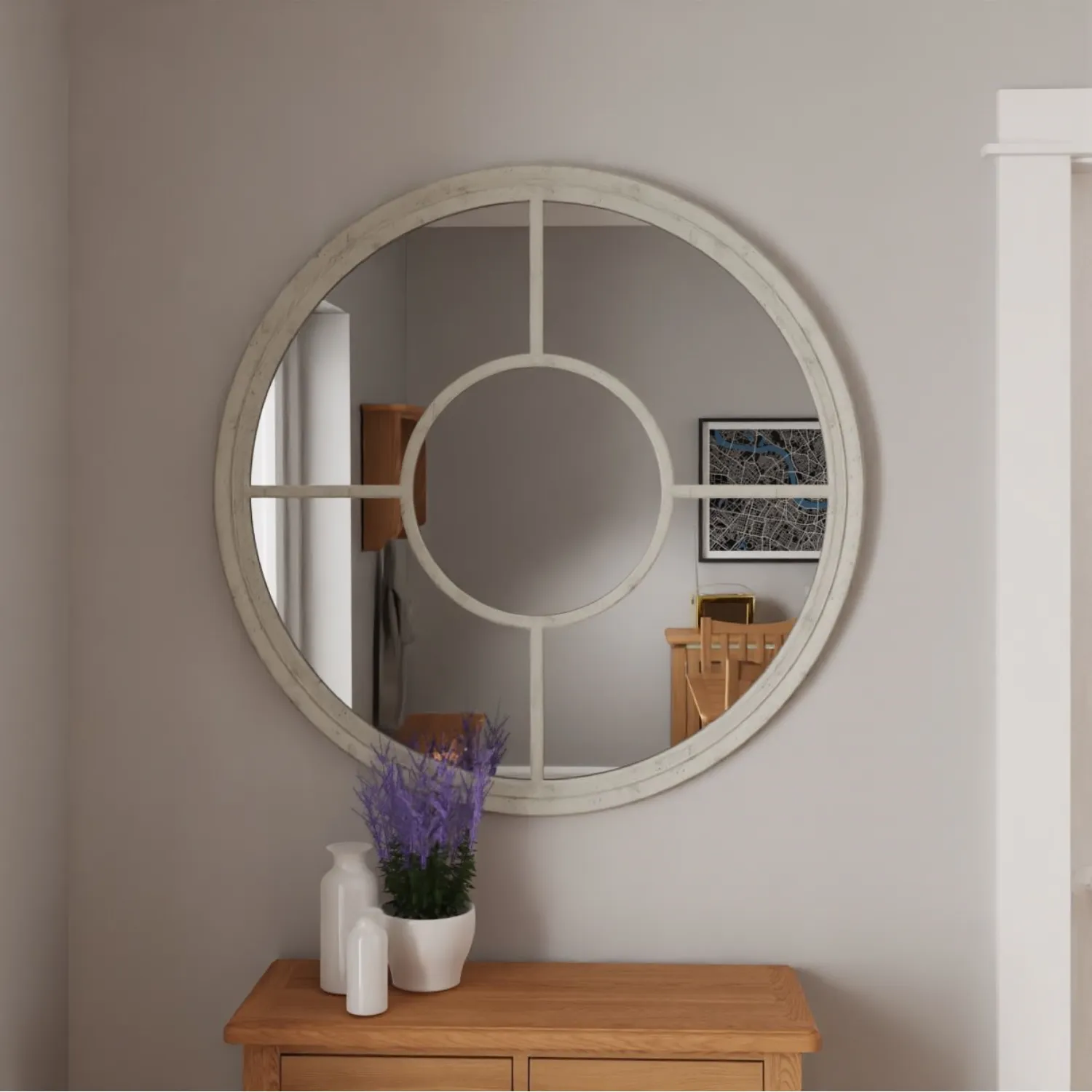 Modern Wooden White Painted Round Multi Window Outdoor Wall Mirror 100 x 100cm