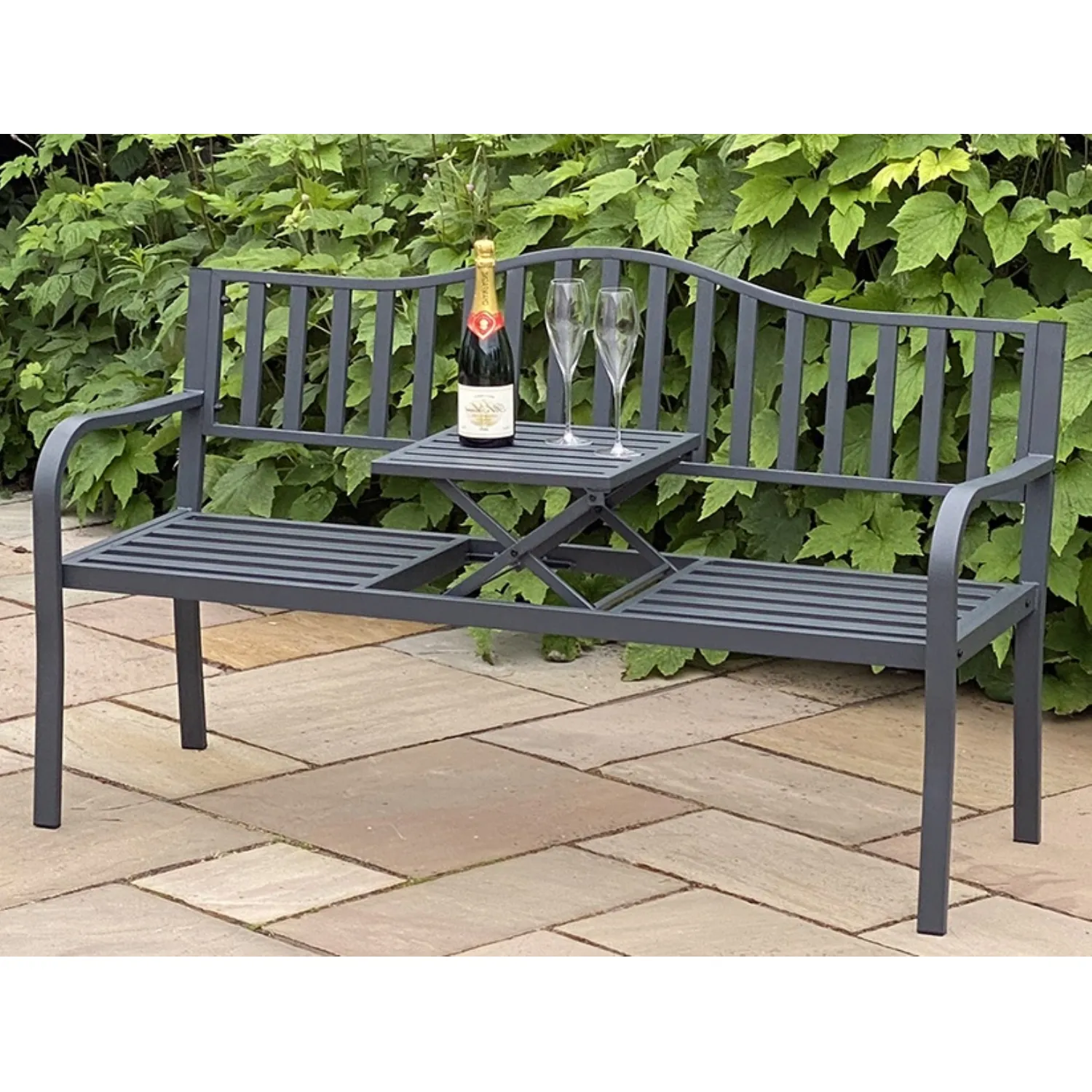 Powder Coated Steel Garden Bench with Pull Up Centre Shelf Fit And Furnish