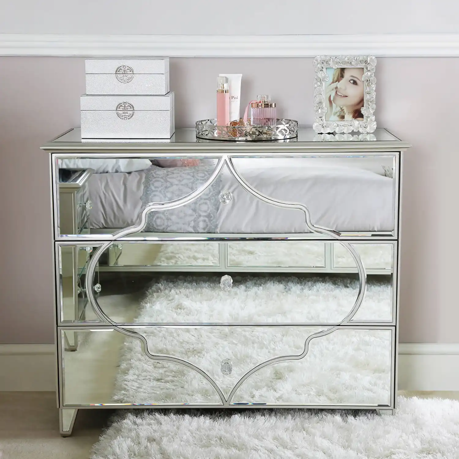 Moroccan Glass Silver Mirror 3 Drawer Chest