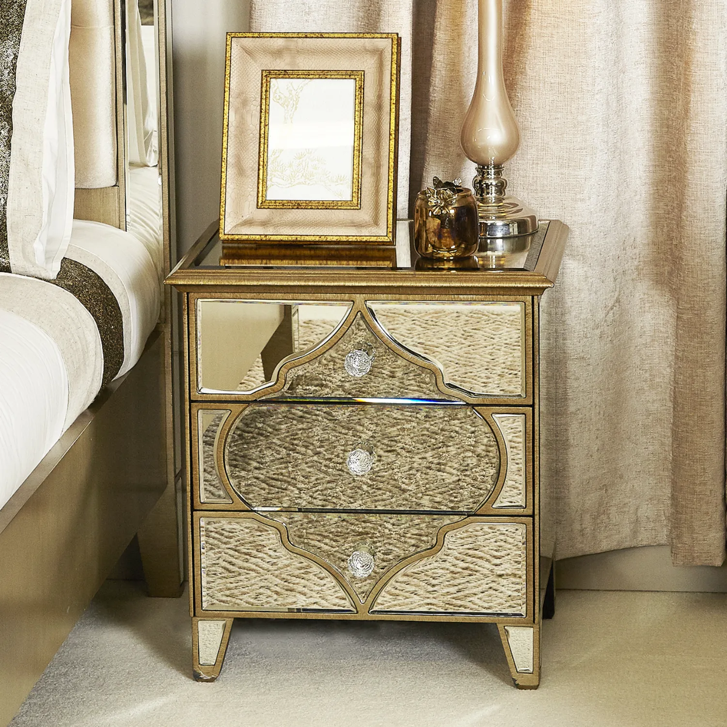 Gold Mirrored Glass 3 Drawer Bedside Chest