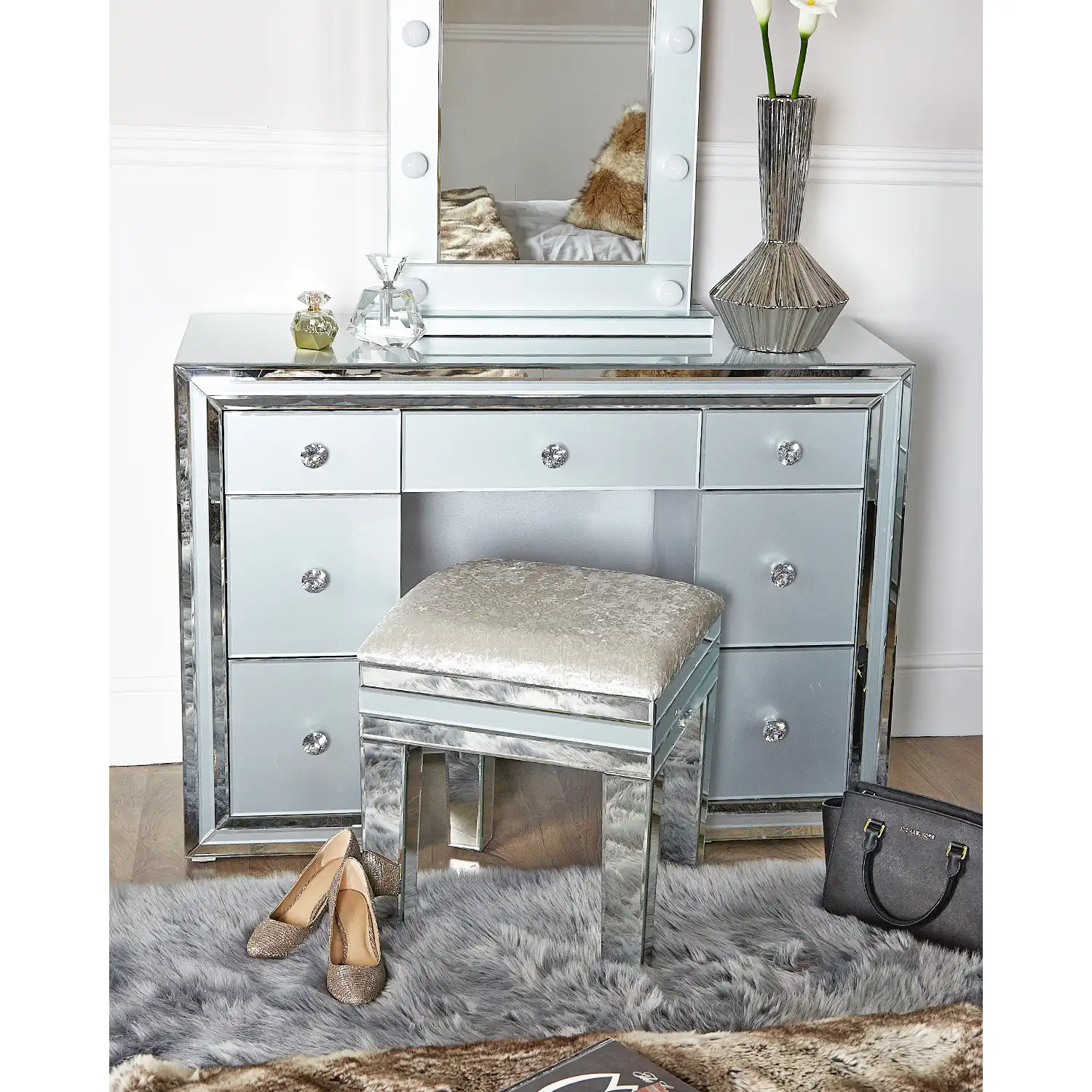 Large Grey Mirrored Glass Dressing Table with 7 Drawers