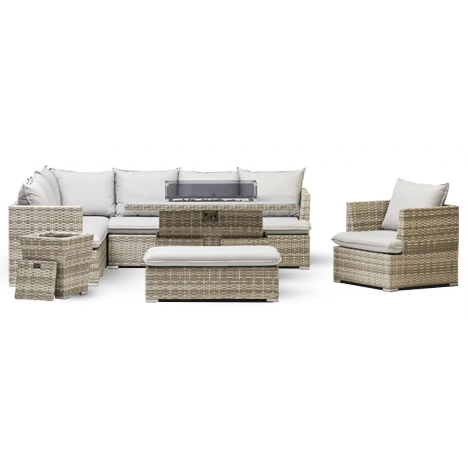 Luxury Grey Rattan Corner Firepit Set with Rising Table and Chair