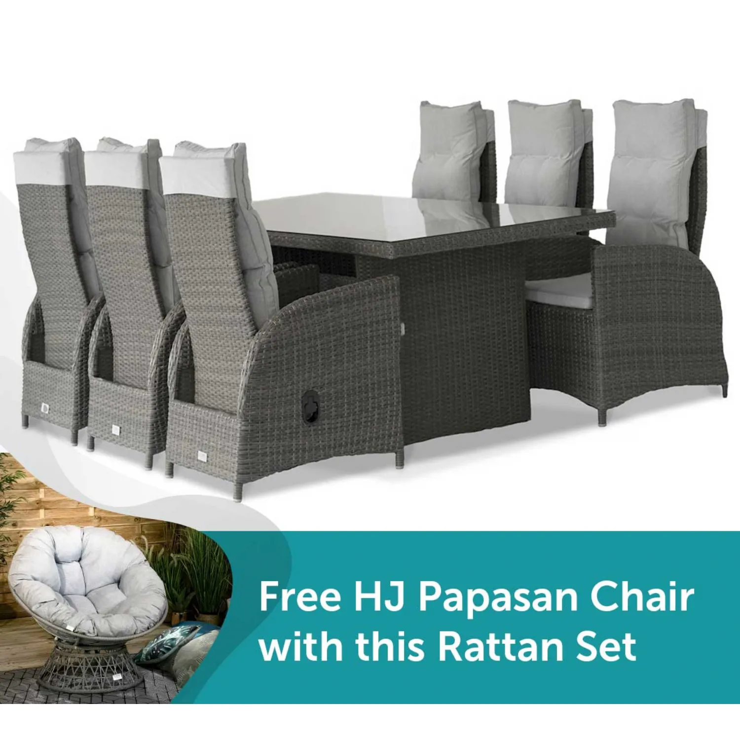 Grey Rattan 2M Dining Table, 6 Recliner Chairs + FREE Swivel Chair