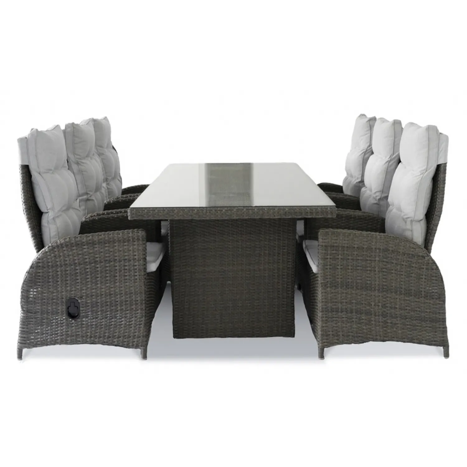 Grey Rattan 2M Dining Table, 6 Recliner Chairs + Free Swivel Chair