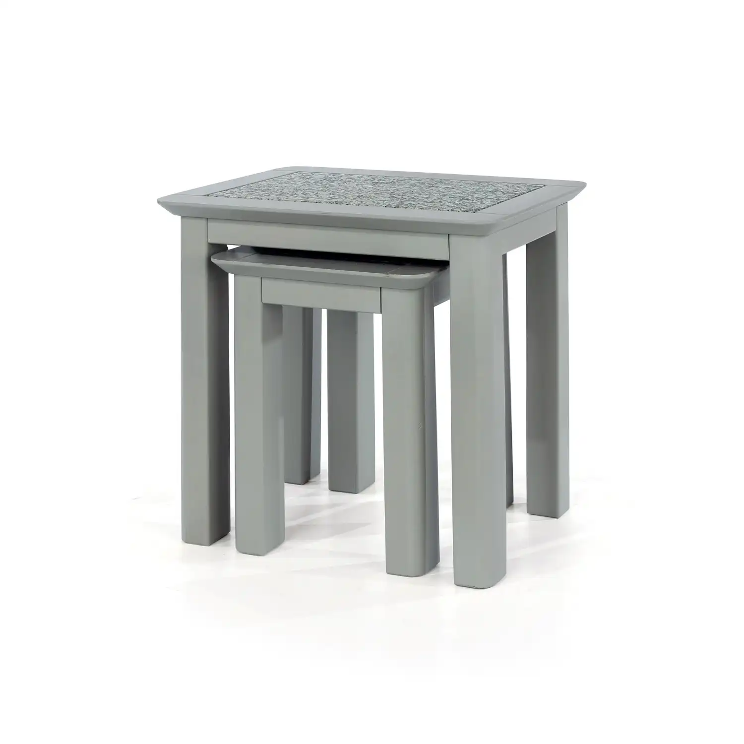Grey Painted Nest Of 2 Side Lamp Occasional Tables with Real Stone Tops