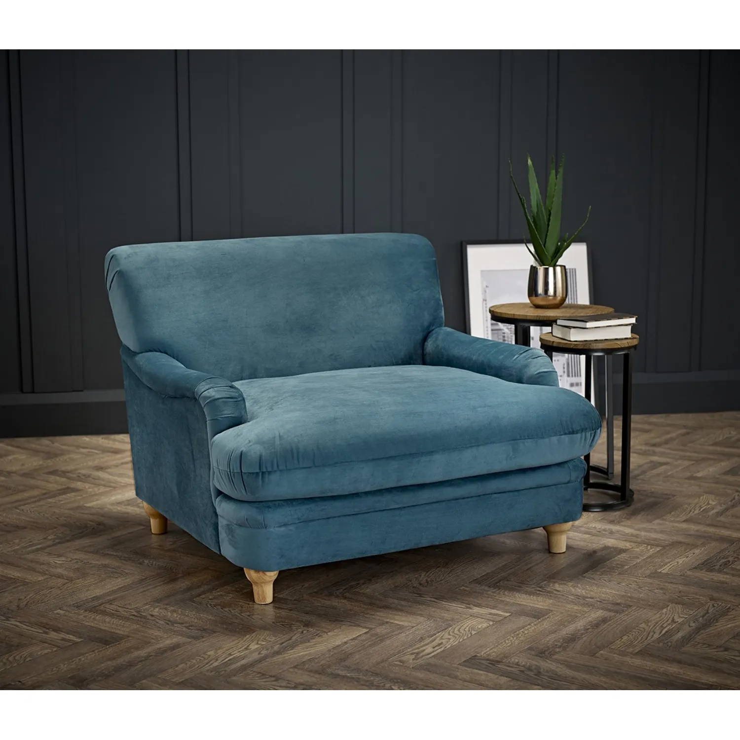 Blue Velvet Fabric Upholstered Armchair Wide Cushioned Seat