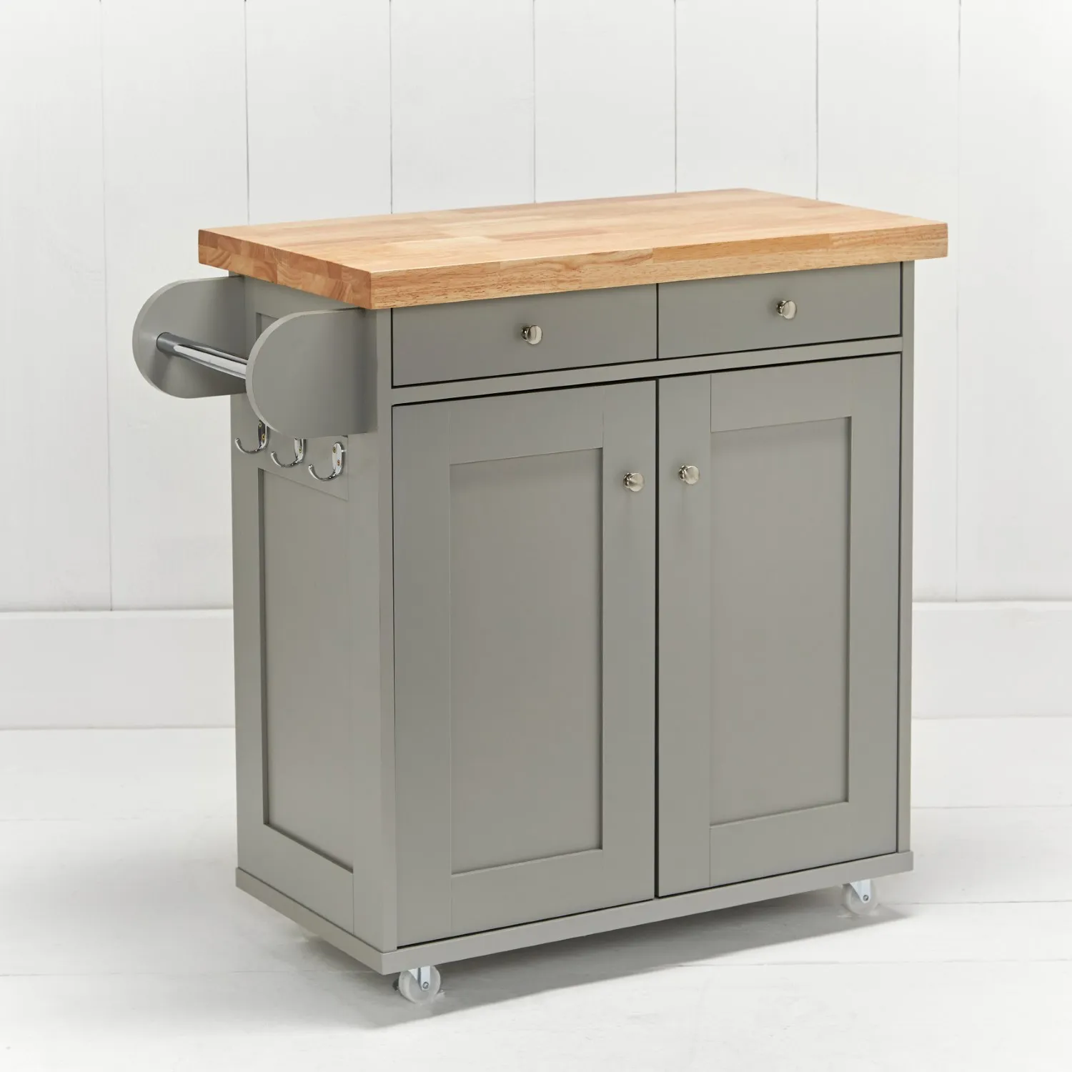 Grey Painted Wooden Top Kitchen Island Unit on Wheels