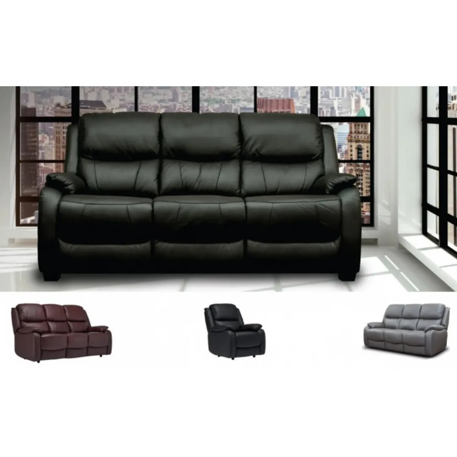 3 Seater Fixed Leather Sofa in Wine, Black or Grey