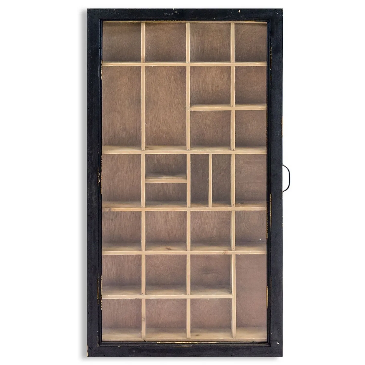 Antiqued Black Wooden Wall Display Cabinet Glass Door