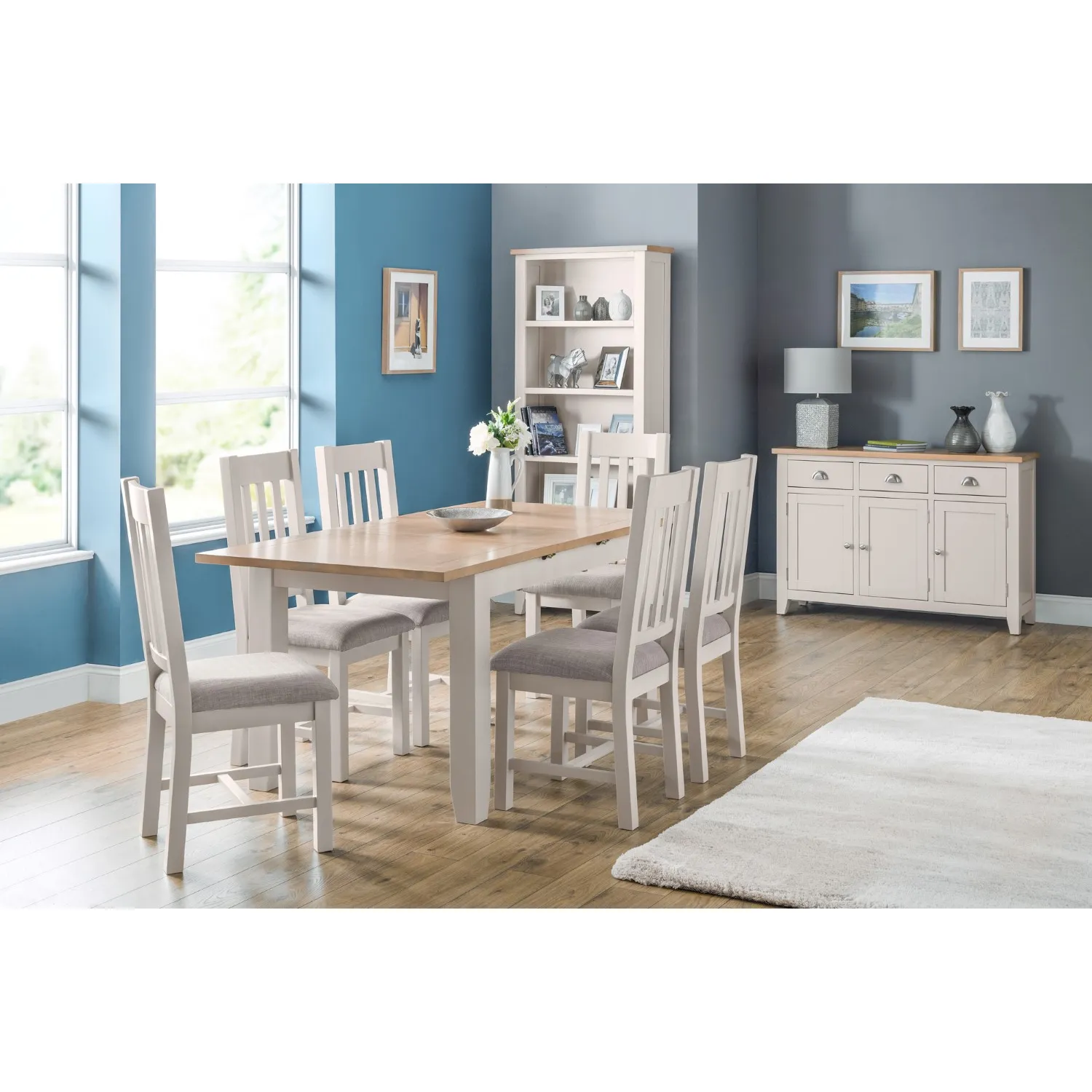 Elephant Grey Large Extending Kitchen Dining Room Table Pale Oak Top 4 to 6 Seater