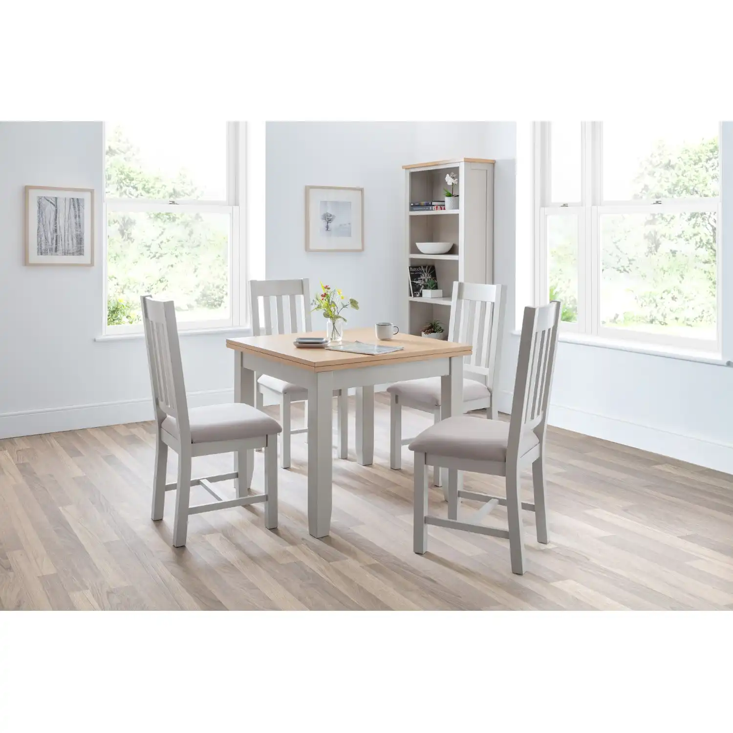 Grey Painted Oak Top Square Flip Top Extending Dining Table