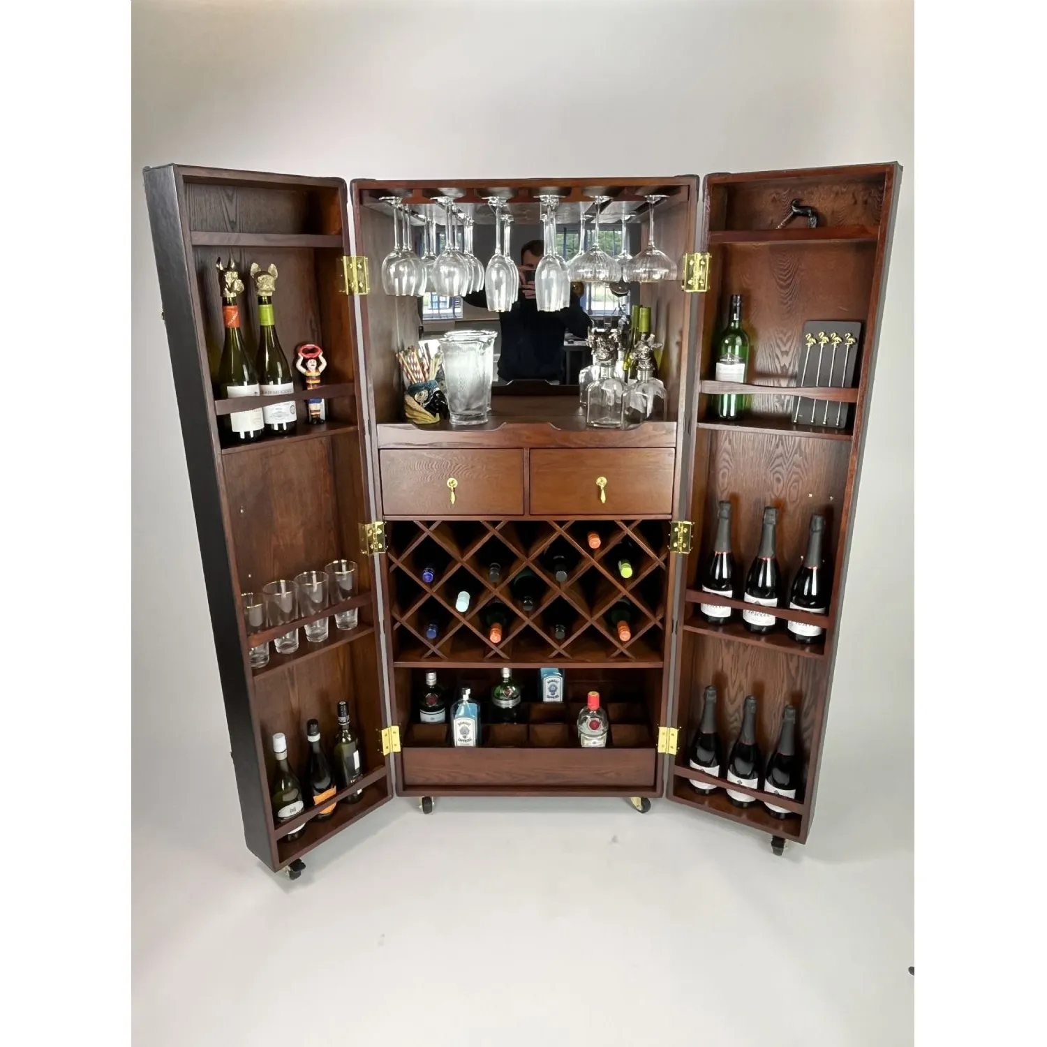 Extra Large Black Leather 2 Door Cocktail Wine Bar Cabinet