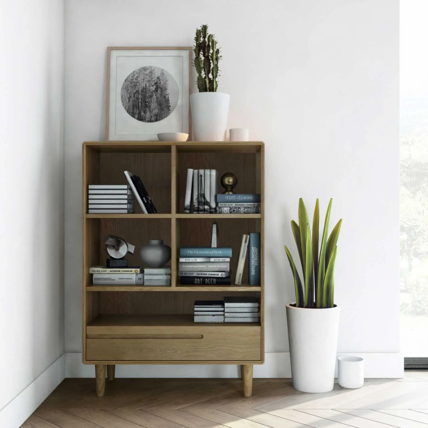 Nordic Scandic Oak Small Open Bookcase Display Shelving Unit With 1 Drawer on legs