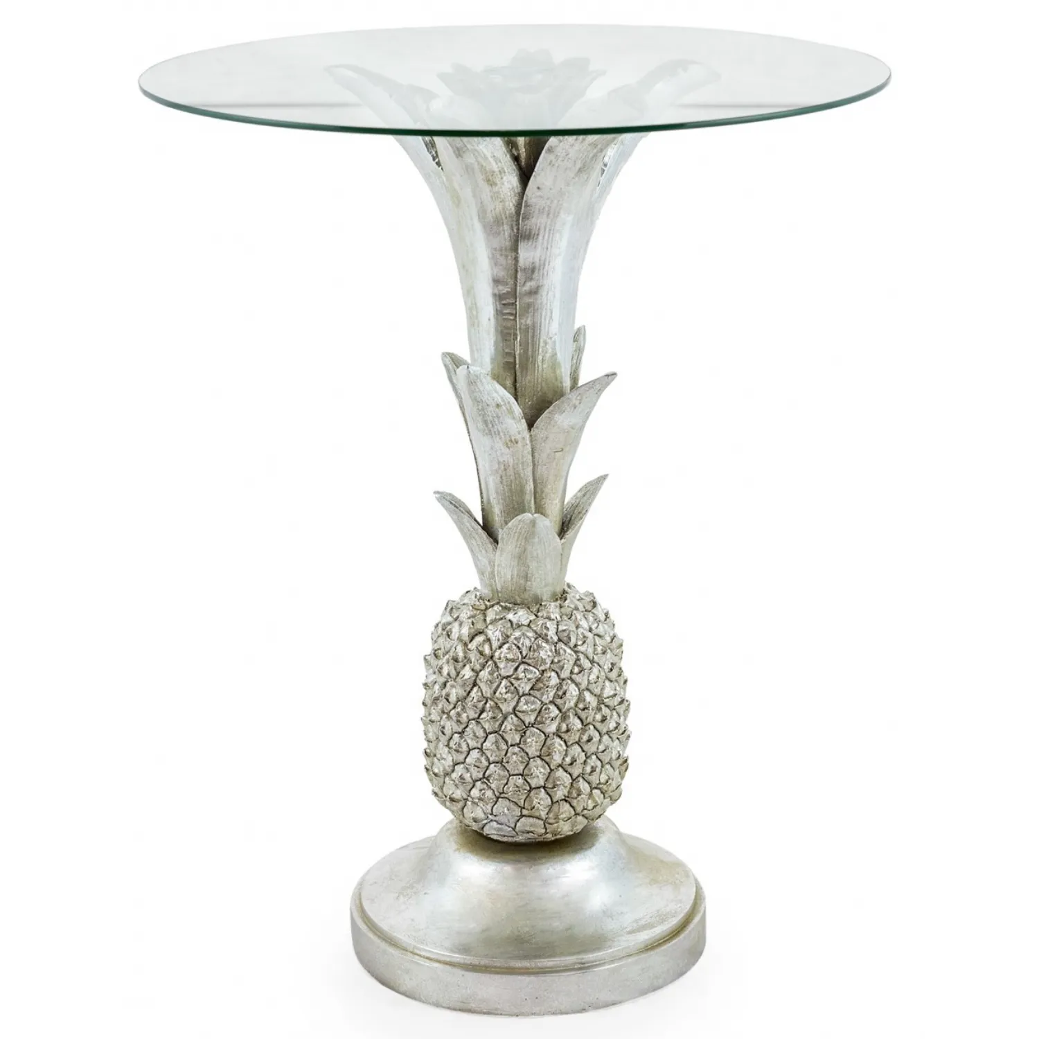 Silver Pineapple Round Side Table with Glass Top