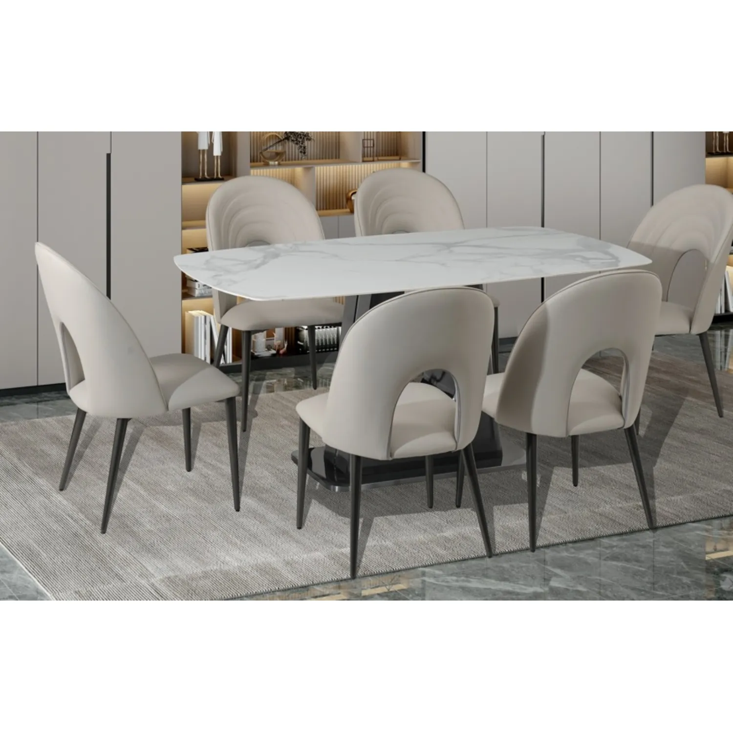 White Sintered Stone 160cm Extending Dining Table and 6 Grey Dining Chairs