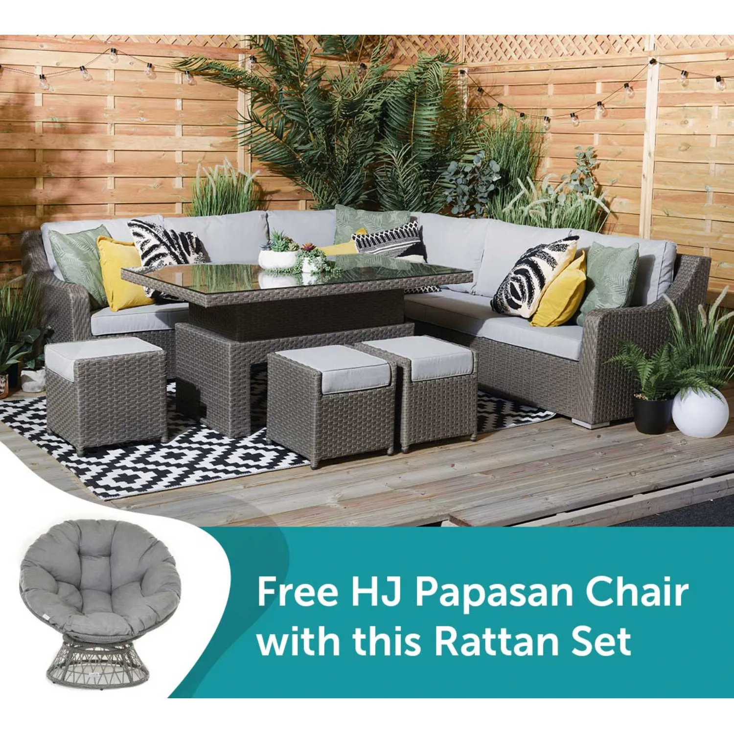 Luxury Grey Rattan Corner Sofa Set with Rising 150cm Table + Swivel Chair