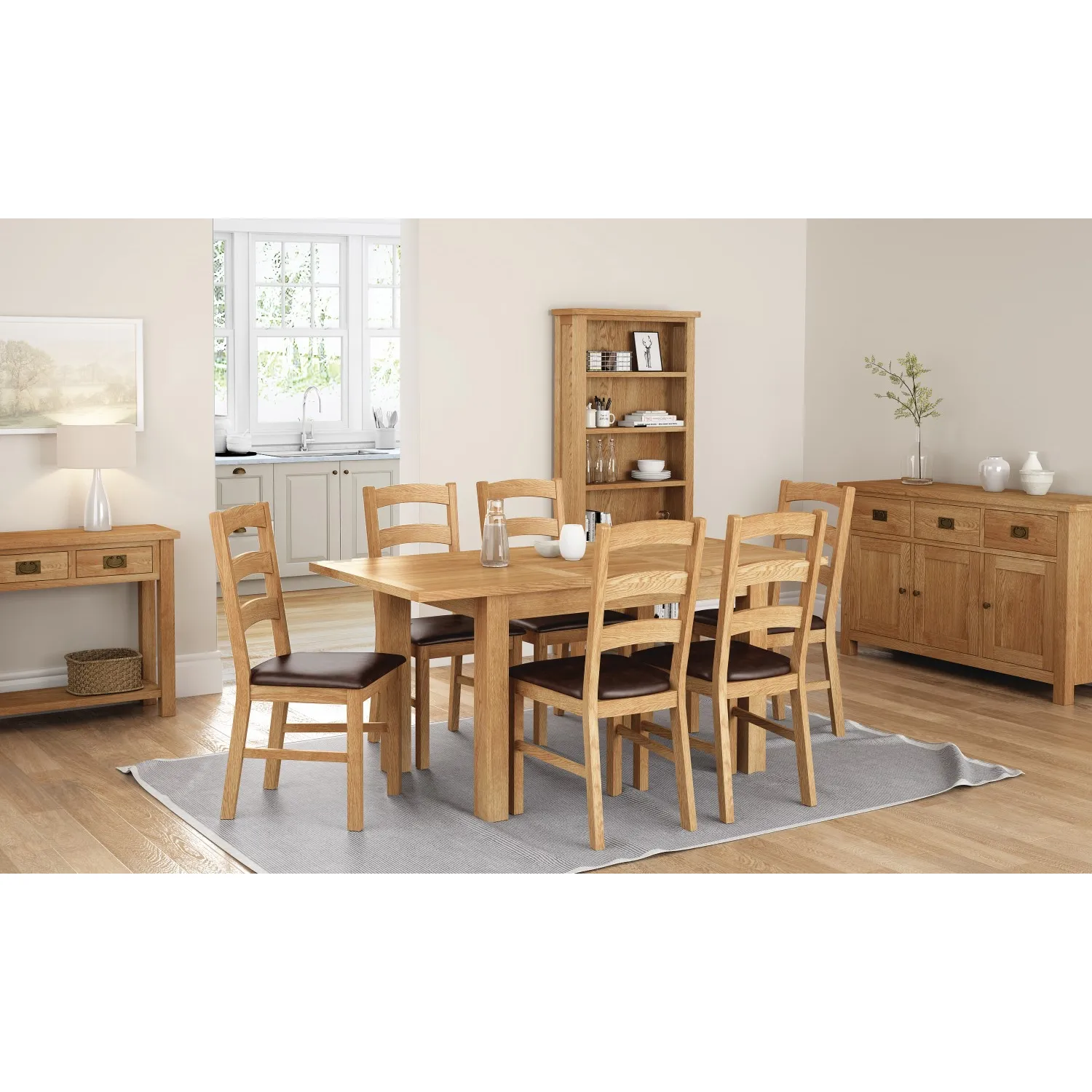 Light Oak Compact 1.2 Extending Table and 4 Oak Dining Chairs