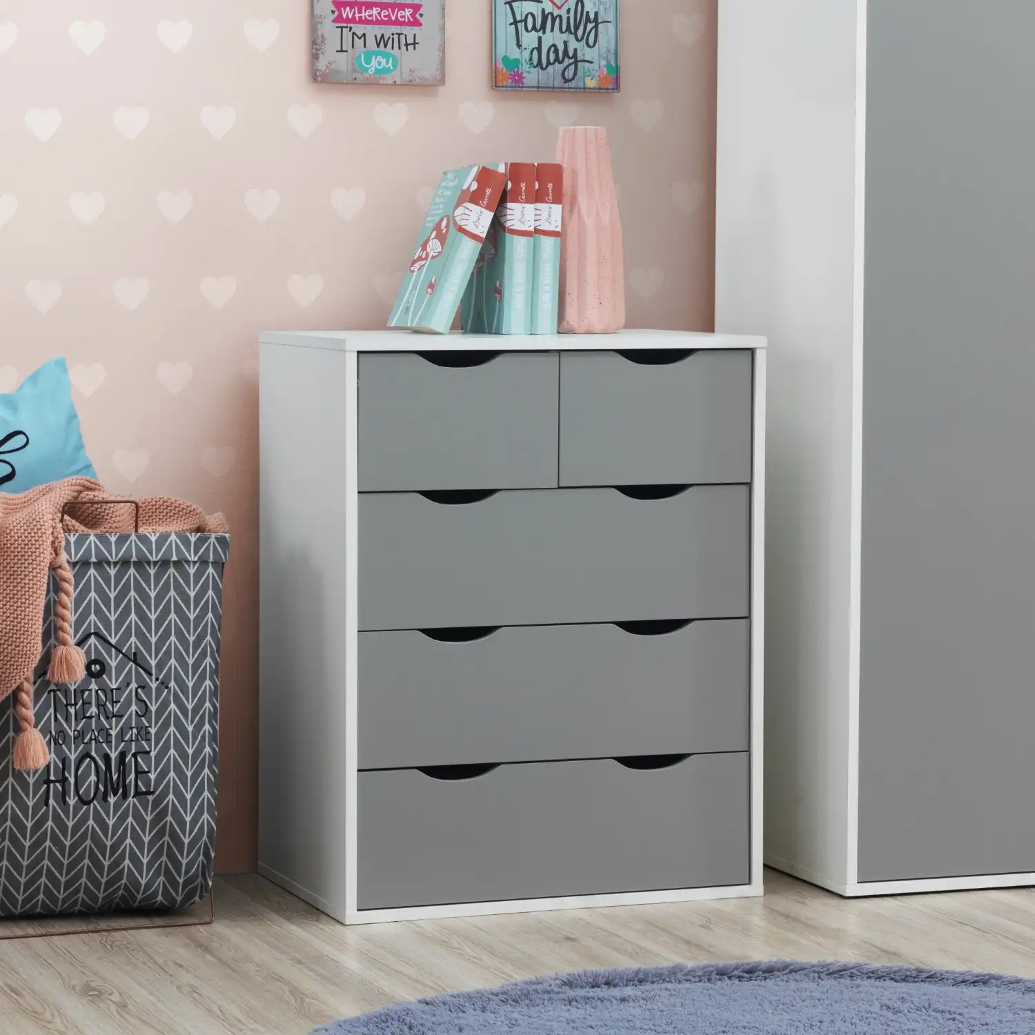 Modern White and Grey 2 over 3 Chest of 5 Drawers Cut Out Handles 78 x 60cm