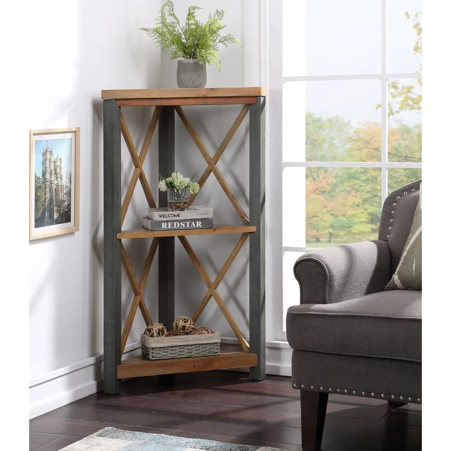 Reclaimed Wood Industrial Small 2 Shelf Corner Bookcase