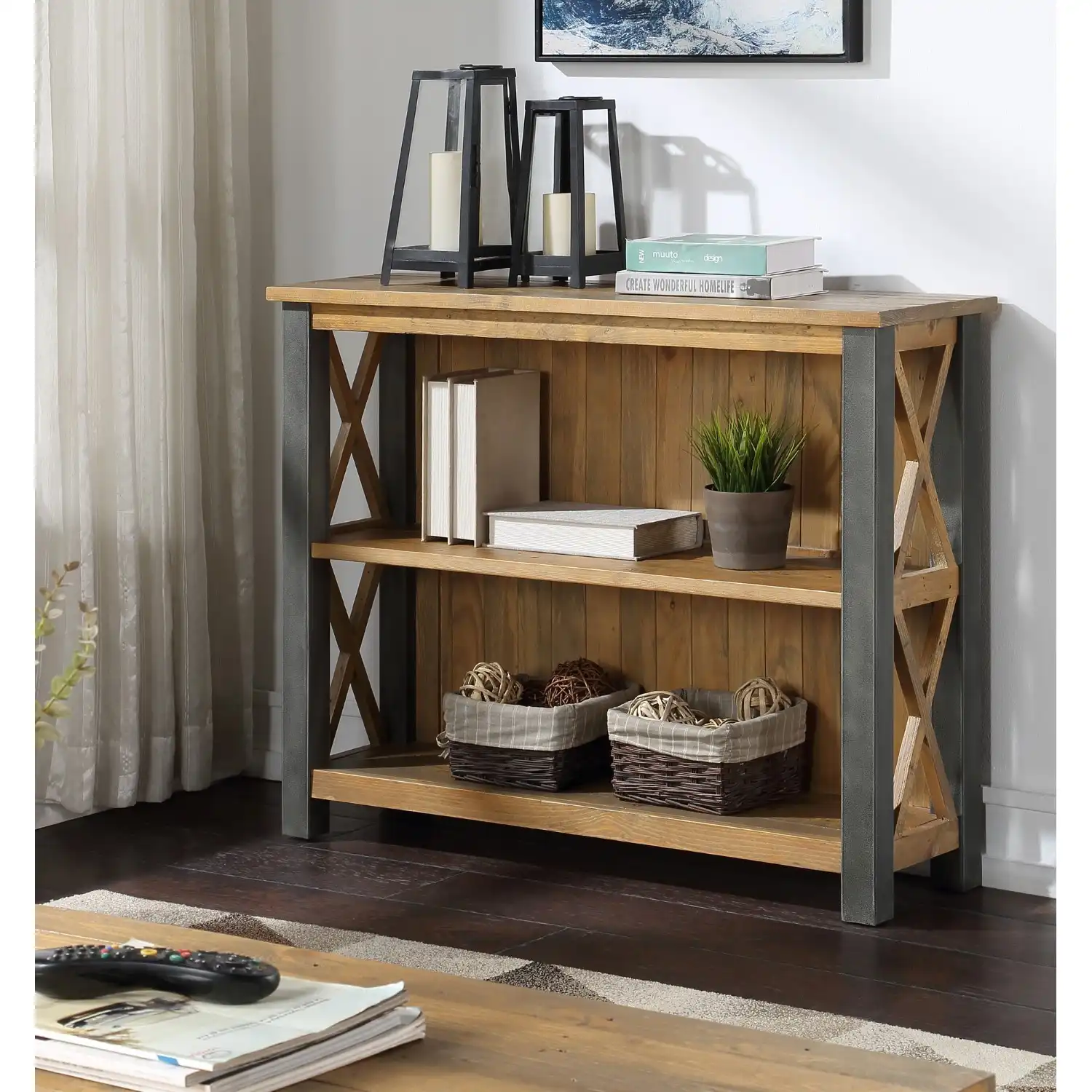 Reclaimed Wood Small Low Bookcase Metal Frame