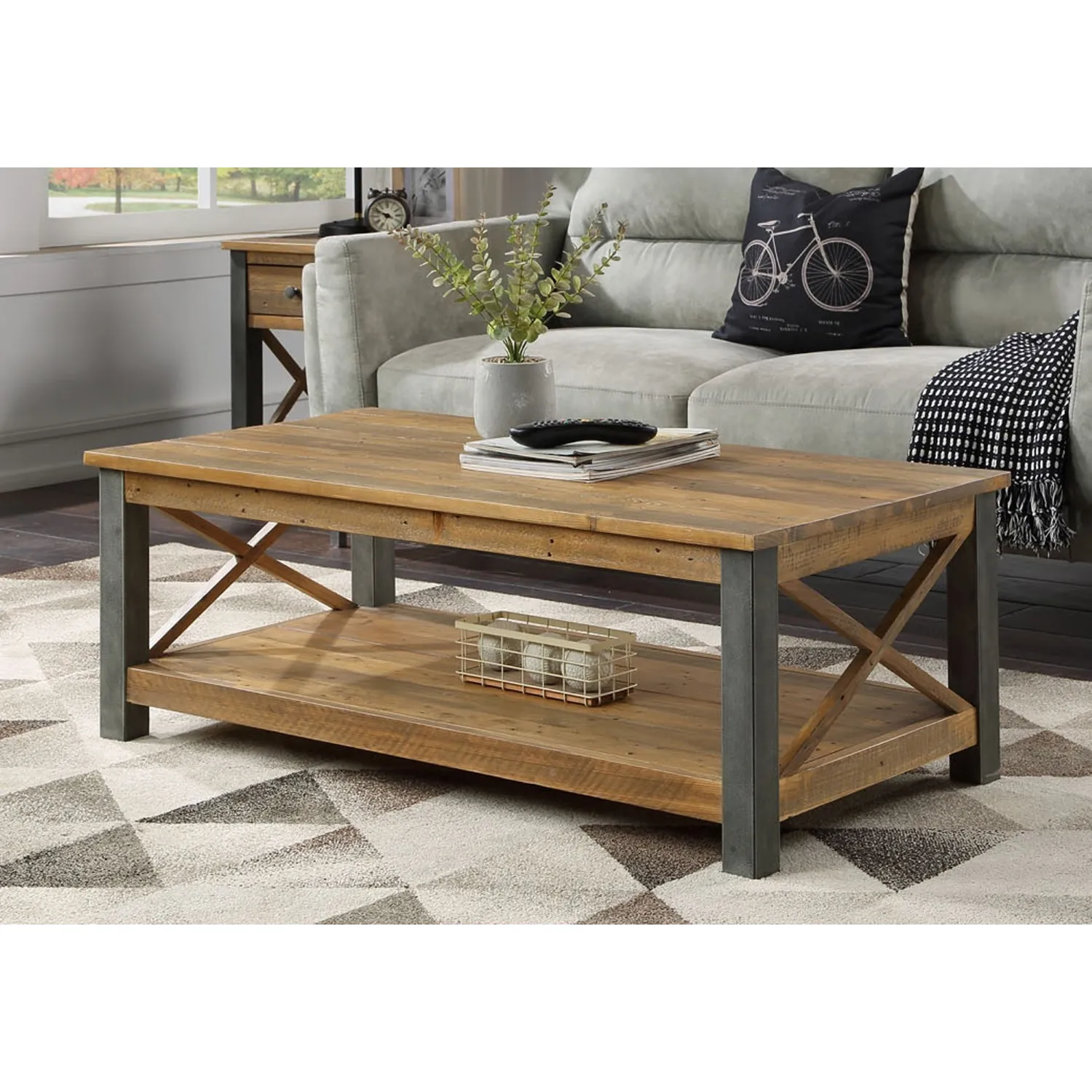 Reclaimed Wood Coffee Table with Lower Shelf