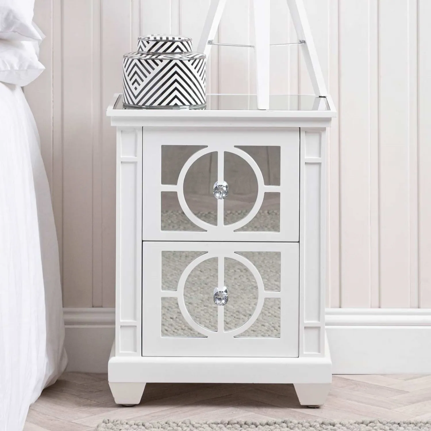 White Wooden Geometric Mirrored Glass 2 Drawer Bedside Chest