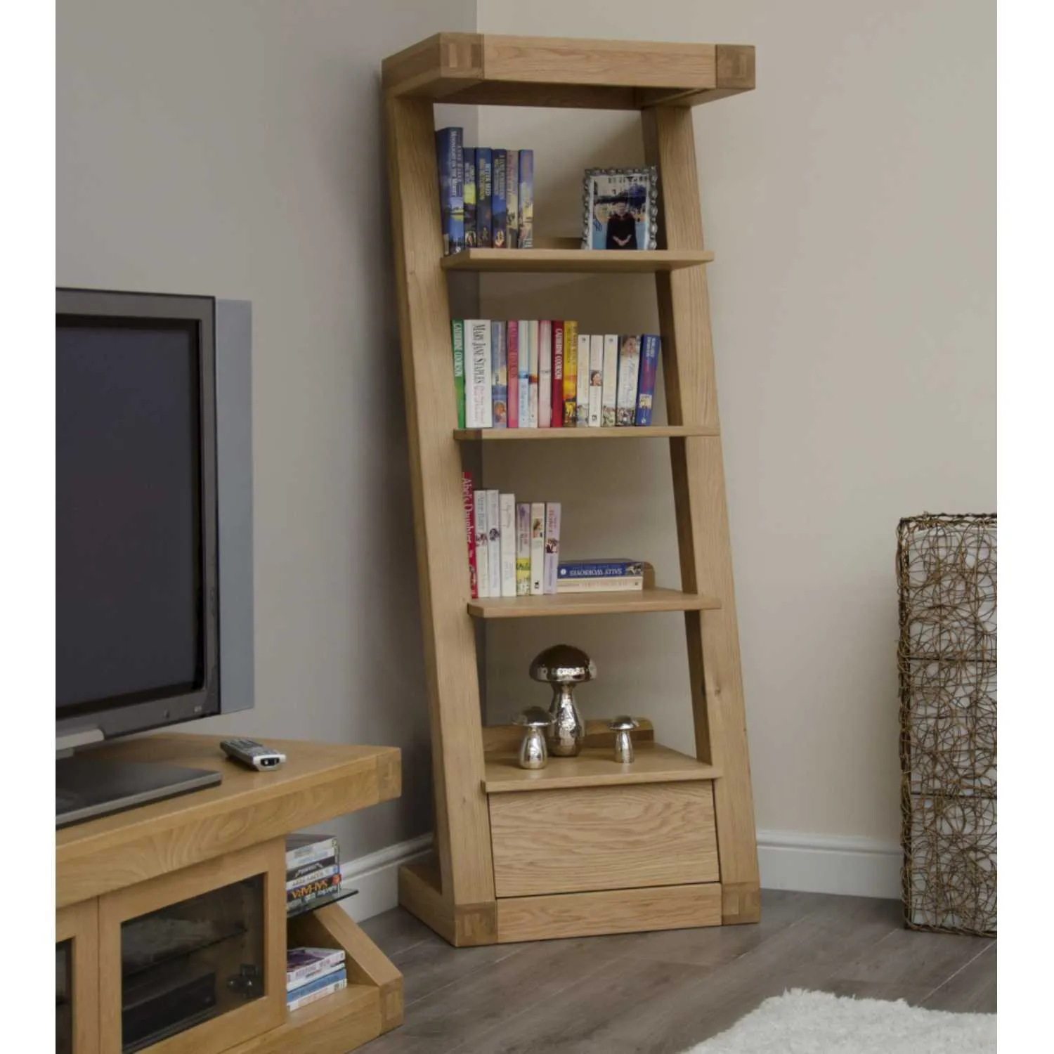 Z Shape Oak Tall Narrow Open Bookcase Display Shelving Unit With 1 Drawer Base