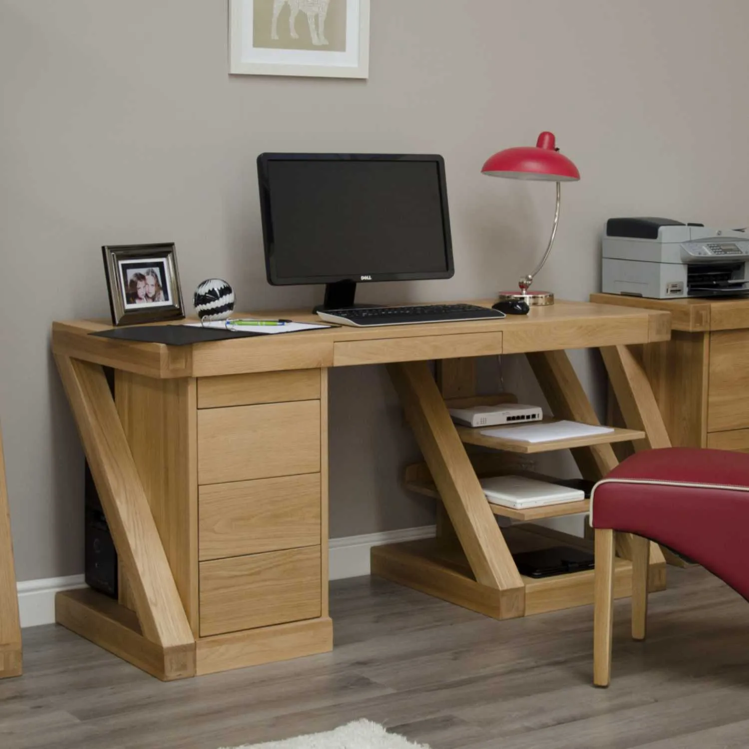 Z Shape Large Oak Computer Desk With Drawers Keyboard Tray and Shelves