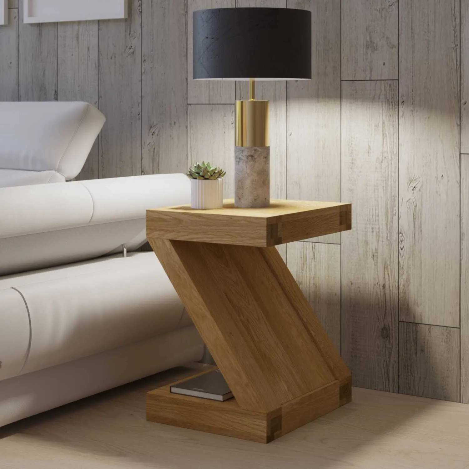 Z Shape Solid Oak Lamp Sofa Side Table Modern Design