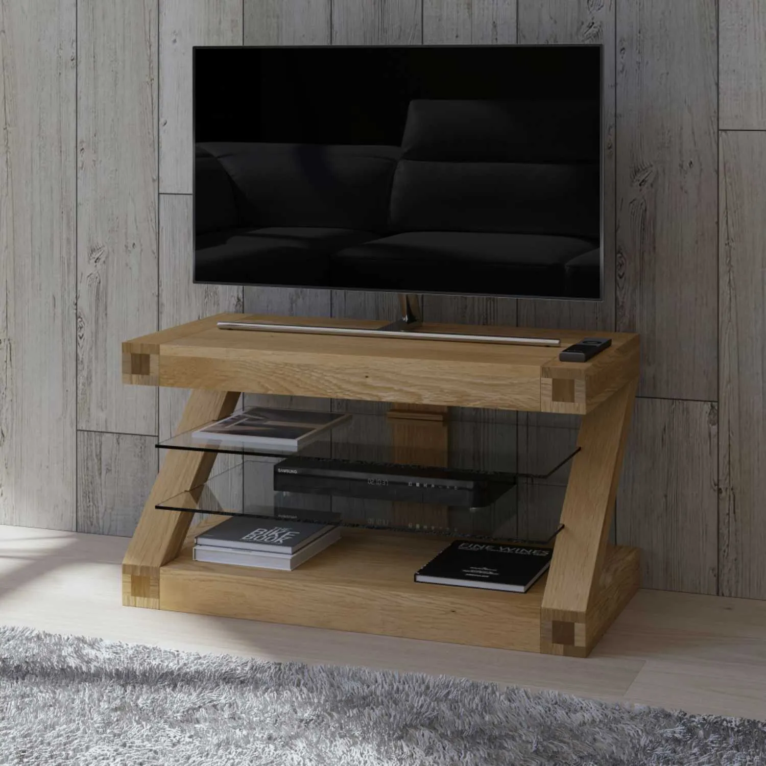 Modern Z Shape Oak Open TV Media Unit With 2 Glass Shelves 90cm Wide